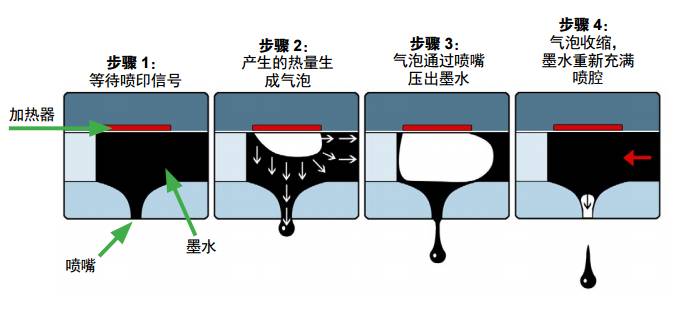 喷墨喷头喷印与墨滴形成过程示意