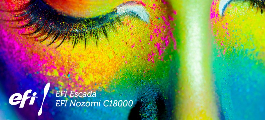 彩色粉末覆盖的脸部特写与EFI Escada、Nozomi C18000文字