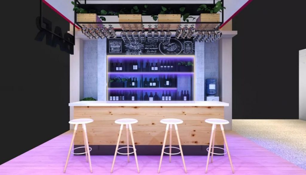 木色吧台、四张高脚凳与后方酒瓶展示架成效图