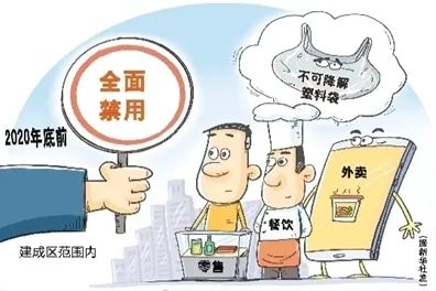 带“全面禁用”标牌与塑料袋图形的漫画