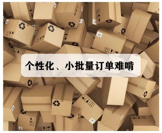 带回收和搬运标志的纸箱堆，叠有幼批量订单文字